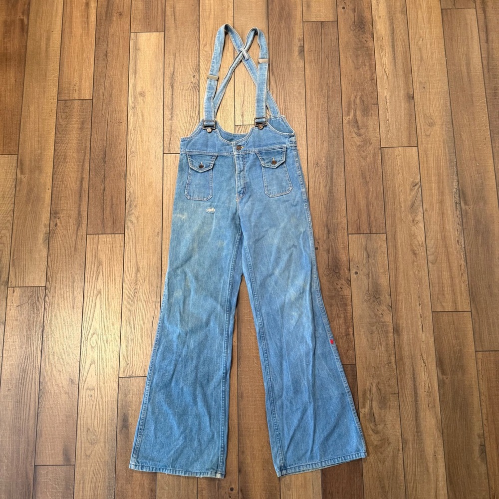 Vintage Hang Ten 70s Denim Overalls L 33 Sanforized Flare Wide Leg Bell Bottoms